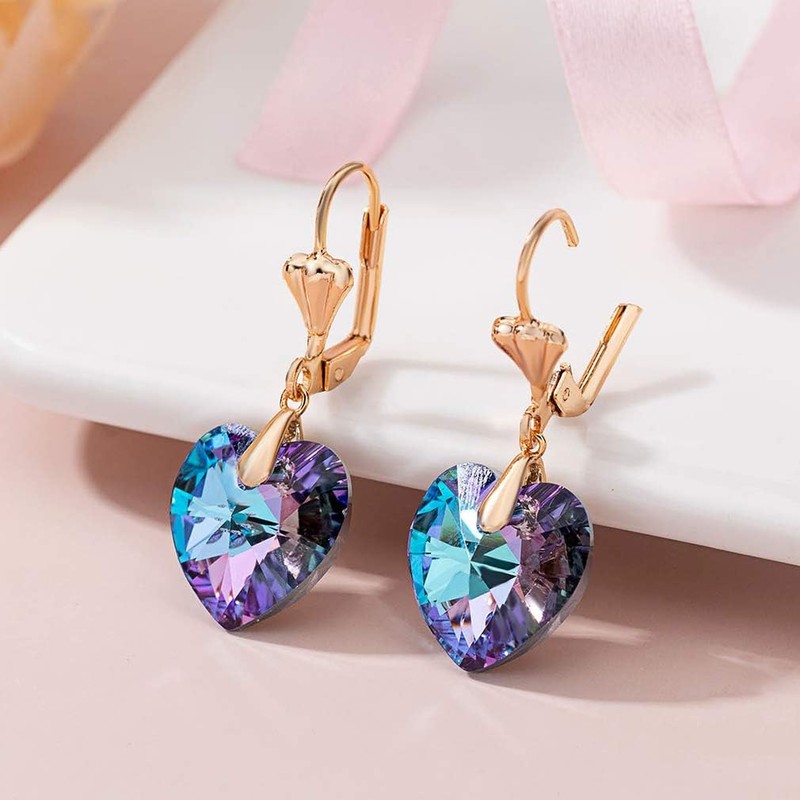 Austrian Crystal Heart Drop Leverback Earrings for Women Fashion Dangle