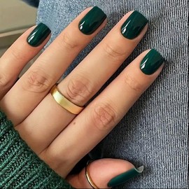 Green Square Press on Nails Short Fake Nails Acrylic Full Cover False Nails Reusable Nail Kit Artificial Glue on Nails Stick on Nails Gel Nails for Women 24pcs
