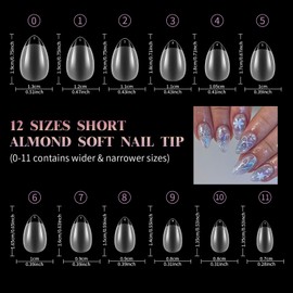 Venares 500 Pieces Soft Gel Nail Tips for Acrylic Extensions, 12 Size Clear False Nails Short, Acrylic Fake Nails Almond Short-XS