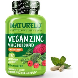 NATURELO Vegan Zinc Immune Support Capsules - Whole Food Complex with Vitamin C for Healthy Skin, Hair, and Nails - 120 Capsules