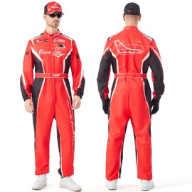 Lopbraa Race Car Driver Costume Men with Hat, Full Set Racing Jumpsuit Racer Outfits with Gloves Flag and Sunglasses for Adult(Red)