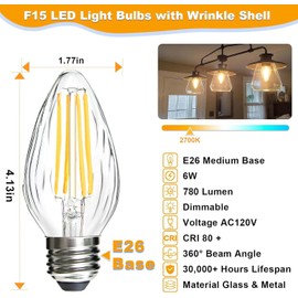 BRIMAX F15 6W Led Porch Light Bulbs Outdoor, Equivalent 60W Incandescent Bulb, E26 Medium Base Dimmable 2700K Soft Warm White Flame Wrinkle Glass,Post Light Bulb for Ceiling Fan and Lantern Lamp,4Pack