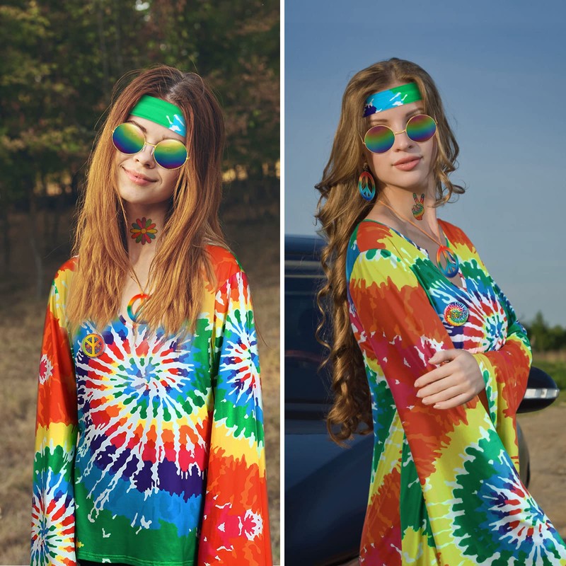 Jiuguva 17pcs 60s 70s Outfits for Women Hippie Costume Set