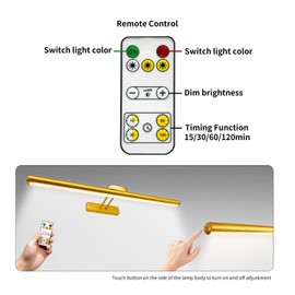 MQOUO 24.4" Wireless Picture Lights, Rechargeable Battery Art Display Light with Remote Control, Dimmable/Timer Off Dartboard Light, 3 Lighting Modes Full Metal Painting Display Lights (Gold-2Pack)