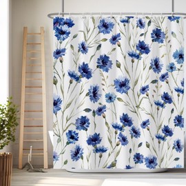 Renaiss 72x72 Inches Blue Floral Shower Curtain Watercolor Wildflower Leaves Plant Flower Bath Curtain Nature Botanical Fabric Shower Curtains for Bathroom Decor Wacterproof Polyester with Hooks