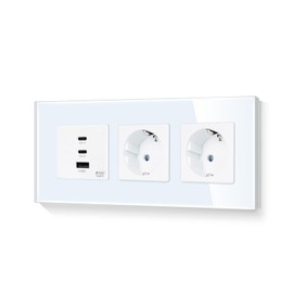 LIAONFOY Schuko Double Socket with Super Fast Charging Three Ports Wall Socket Type C and USB Combination Charging Ports Glass Frame White 228 mm 100-240 V (Neutral Line Required)