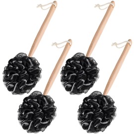 4 Pieces Loofah Back Scrubber Bath Sponge with Wooden Handle Long Handle Sponge Mesh on a Stick for Shower Exfoliating Bath Body Brush Luffa Back Brush(Black)