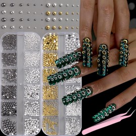 FSpronail 2Boxes Flatback Half-Round Nails Beads(Dark Gray+Silver,Gold+Silver) for Nail Art Decoration,Mixed 0.8/1/1.5/2/2.5/3mm Semicircle Rivet Manicure Caviar Half-Ball Luxurious Nail Charms Gems