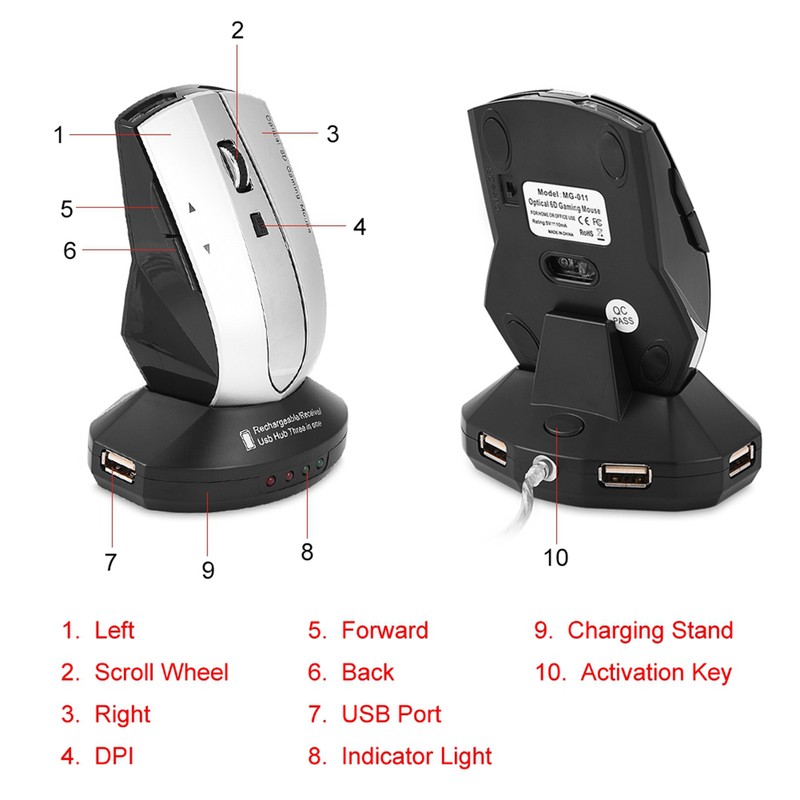 2.4GHz Rechargeable Wireless Optical Gaming Mouse w Charging Dock Stand