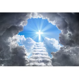 Renaiss 7x5ft Stairway to Heaven Backdrop Holy Light Cross Clouds Paradise Stairs Background Staircase to Heaven Christian Activity Decor Church Photo Booth Props Memorial Banner Funeral Wallpaper