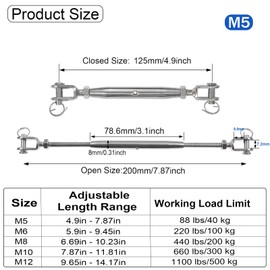 4 PCS 304 Stainless Steel Turnbuckle, 3/16" (M5) Heavy Duty Turnbuckles Closed Body Jaw and Jaw Turnbuckles for Cables Wire Rope Tension, Shade Sail, Industrial Grade Rigging Screw