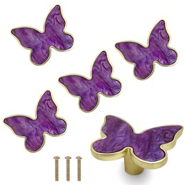 BAOTXHBR 6 pcs Butterfly Shape Knobs Handle Gold Cabinet Knobs Decoration Door Handle Single Hole Handles Cabinet Drawer Dresser Kitchen Wardrobe Furniture Hardware Pulls (Purple)