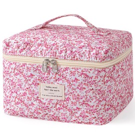 HBselect Christmas Gifts Large Quilted Makeup Bag, Cute Cotton Travel Makeup Bag with Handle, Portable Coquette Floral Make up Bags, Toiletry Organizer Make up Bags for Women Teen Girls Mom