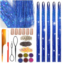 CelineBella Blue Hair Tinsel Tool Kit Fairy Hair Tinsel Extensions Heat Resistant Sparkling Shiny Highlights Glitter Tinsel Hair for Women Girls Kids (48 Inch Pack of 5Pcs, Sapphire Blue)