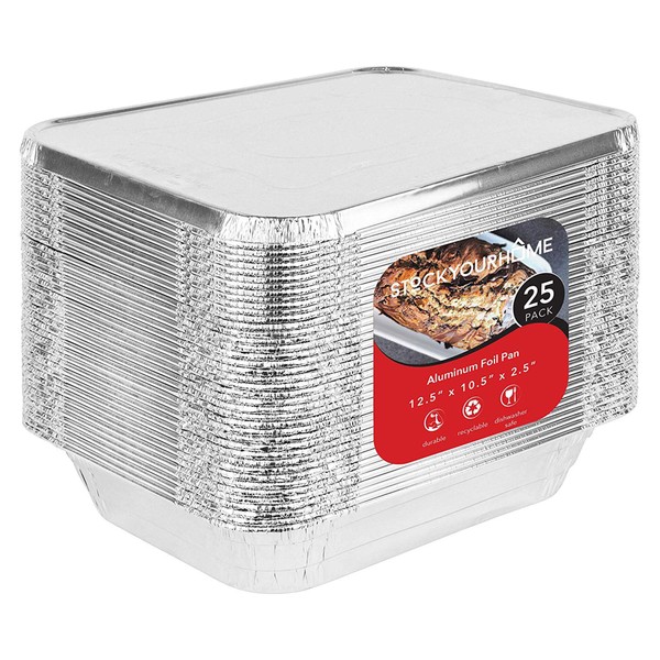 Foil Pans with Lids - 9x13 Aluminum Pans with Covers - 25 Foil Pans and 25 Foil Lids - Disposable Food Containers Great for Baking, Cooking, Heating, Storing, Prepping Food Silver