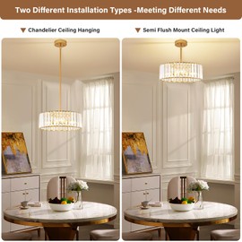 YURNYQ Gold Crystal Chandelier for Dining Room, 4-Light Modern Semi Flush Mount Chandelier Lighting Fixtures, Round Kitchen Hanging Drum Pendant Lights Ceiling for Bedroom Entryway Foyer, 15 Inch