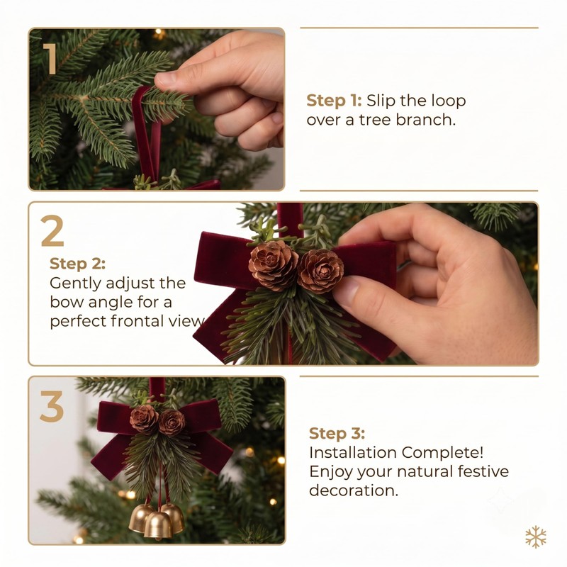 4 Pack Christmas Bow Ornaments with Jingle Bells, Pine Cone