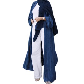 Abaya Dress For Women Cardigan Robe Muslim Clothes Long Sleeve Stripe Open Front Kaftan Dress Loose Kimono Middle East Ethnic Shirts Dress Eid Ramadan Tight Knot Corban Navy Blue Long Cardigan L