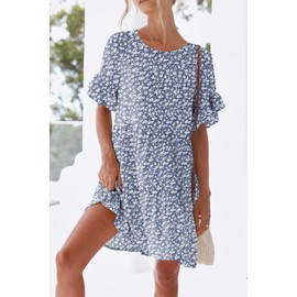 nclook Womens Summer Casual Dresses Sweet Cute Crew Neck Mini Dress with Pockets Ruffle Short Sleeve