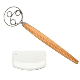 YAFABROO Danish Dough Whisk Stainless Steel Dough Whisk Dutch Style Bread Dough Hand Mixer Wooden Handle Kitchen Baking Tools Bread Making Tools and Supplies (Three Eyes Whisk + Dough scraper)