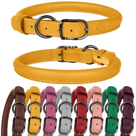 BUDKAS Rolled Leather Dog Collar for Small Medium Large Dogs Puppy Durable Adjustable Soft Round Rope Pet Collars (17"-21" Neck Fit, Yellow)