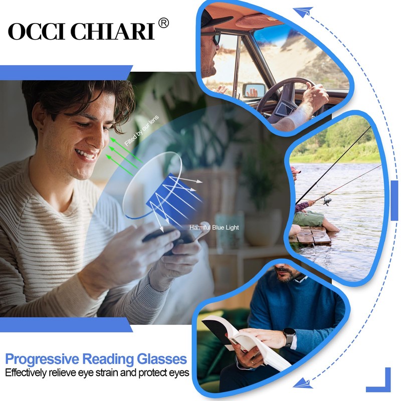 OCCI CHIARI Mens Progressive Multifocus Reading Glasses Transition Bifocal Readers(+300)