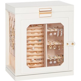 HOOBRO 360° Rotating Jewelry Box, Jewelry Organizer with 6 Drawers, Glass Window, Built-in Large Mirror, Vertical Jewelry Organizer, Jewelry Display Case, Gift for Loved Ones, White WT16JB04