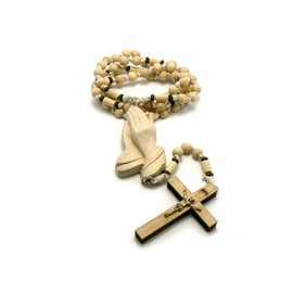 NYFASHION101 3D Praying Hands and Crucifix Cross Pendant Wood Rosary Necklace, Natural