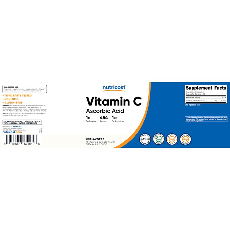 Nutricost Pure Ascorbic Acid Powder (Vitamin C) 1LB
