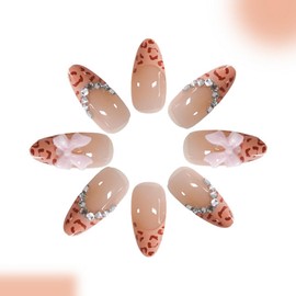 French Tip Press on Nails Almond Medium Fake Nails False Nails with Cute Pink Bow Leopard Print Rhinestones Designs Fall Acrylic Nails Autumn Glossy Glue on Nails for Women Girls 24Pcs