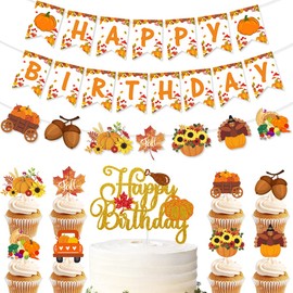 Autumn Birthday Party Decorations,Pumpkin Maple Sunflower Turkey Harvest Farm party supplies Favors,Fall Happy Birthday Banner,Thanksgiving Party Banner,Autumn Party Cake Topper