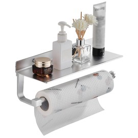 Danpoo Wall Mount Paper Towel Holder with Shelf for Bathroom/Kitchen, Adhesive Hand Towel Holder, Matte Silver