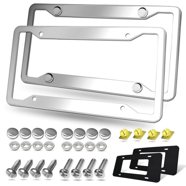 BGGTMO Stainless Steel License Plate Frames- 2 Pack Heavy Duty Polished Mirror Car Tag Cover with Chrome Screws Caps, 4 Holes Front & Rear Holders with Fasteners, Inserts, Rust/Rattle Proof Pads
