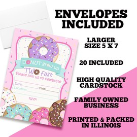 Donut Grow Up 2nd Birthday Party Invitations for Girls, 20 5"x7" Fill in Cards with Twenty White Envelopes by AmandaCreation