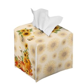Psesaysky Pumpkin Sunflower Tissue Box Cover PU Leather Thanksgiving Decor Square Tissue Box Covers Paper Tissue Case Organizer for Car/Living Room