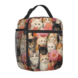 ainori Reusable Floral Cat Lunch Box for Kids, Insulated Cute Kitten Flower Bag,Polyester Cooler Pet Lovers Handbags Case for School Work Picnic Travel Beach or Hiking, Gifts