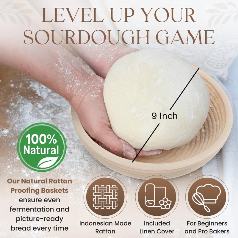 Sourdough Bread Baking Supplies Kit – 9 Inch Proofing Basket