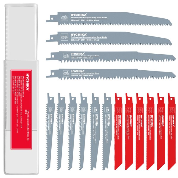 Reciprocating Saw Blades, 16 PCS HYCHIKA Sabre Saw Blades, 8 PCS for Metal Cutting, 8 PCS for Wood Cutting, with Organizer Case (16pcs)