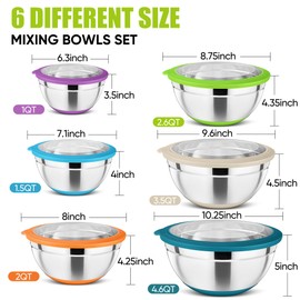 P&P CHEF Mixing Bowls with Lids Set of 6, Stainless Steel Salad Mixing Bowl with Visible Lid, Metal Nesting Serving Bowls for Kitchen Cooking Prepping Storing Food, 4.6/3.5/2.6/2/1.5/1 QT - Multicolor