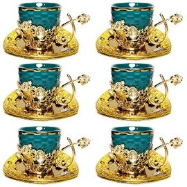 Chandler Coffee Cup Set Made from Green Porcelain and Golden Acrylic Accent with Clear Gem for Turkish Espresso Arabica Coffee 6 Square Cups and 6 Square Saucers Gift Box 3 fl oz from