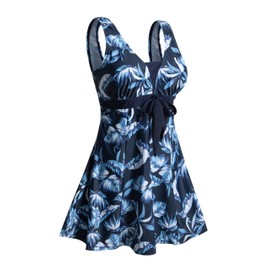 ECUPPER Womens One Piece Swim Dress Plus Size Bathing Suit Swimming Costume Dress with Boy Shorts Blue Feather 3XL