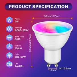 4 Pack 5W GU10 Dimmable Multicolor LED Spotlight, Color Changing Bulb with Remote Control, Beam Angle 120°, RGB+Warm White Reflector Bulb for Daily Lighting and Mood Lighting