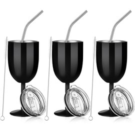 Geiserailie Stemmed Stainless Steel Wine Glasses with Lid Double Wall Insulated Wine Tumbler with Drinking Straw and Straw Brush 10 oz Cups for Summer Gifts(Black,3 Pieces)
