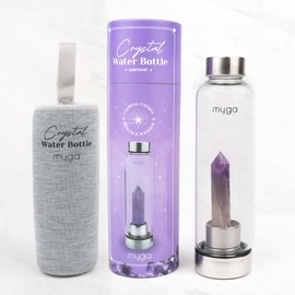 Myga Amethyst Crystal Water Bottle - 500ml Glass Drinks Bottle with Natural Healing Crystal & Neoprene Sleeve for Wellness & Self-Care - Gemstone: Amethyst