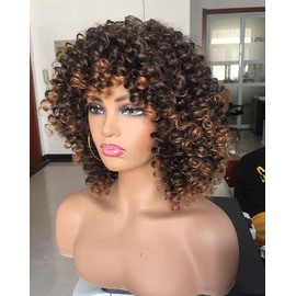 ISAMY Curly Afro Wig with Bangs Short Kinky Curly Wigs for Black Women Synthetic Fiber Soft Hair Short Curly Afro Wig (Ombre Brown)
