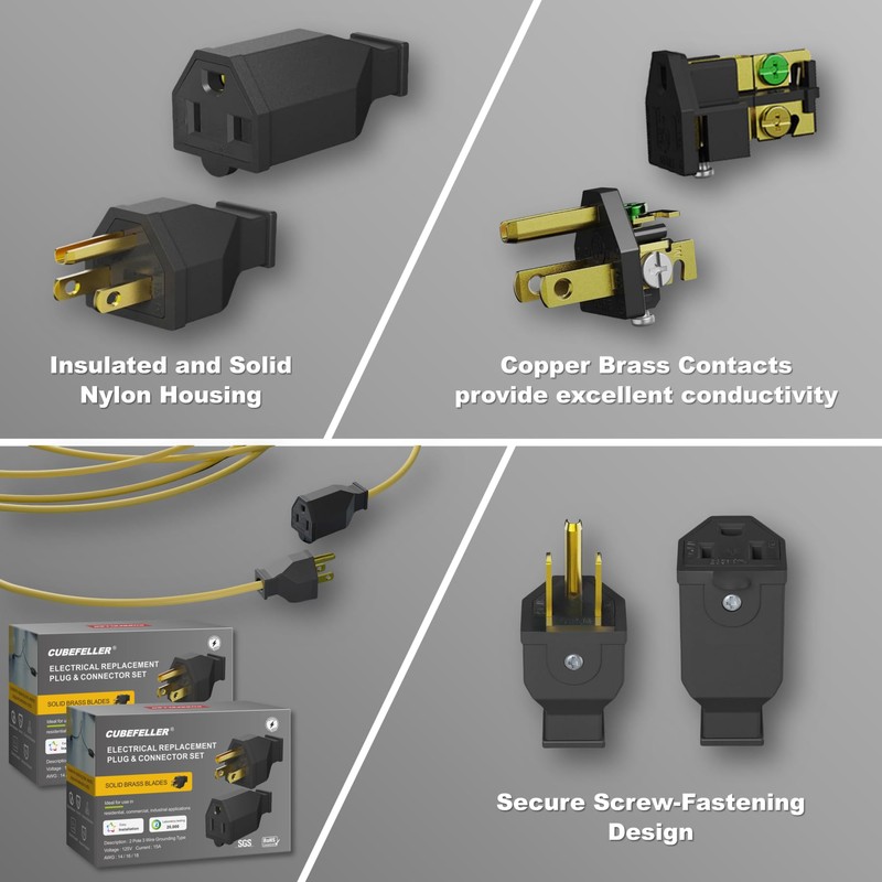 CUBEFELLER® Extension Cord Ends Male Kit, Replacement Plug, 15Amp, 125Volt,