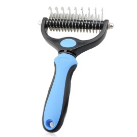Unbranded 2side Dog Brush for Shedding Dematting Pet Grooming Cat Hair Undercoat Rake Comb - Blue