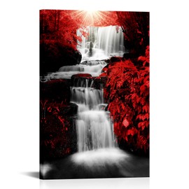 NutArtPic Waterfall Canvas Wall Art Black White Red Landscape Painting Red Tree Artwork Fall Natural Scene Picture Prints for Home Living Room Bedroom Office Decor 24"x36"