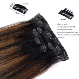 Real Hair Extensions,OiMiGO Ombre Brown Human Hair Clip in Extensions Natural Black to Brown Highlight Straight Hair Extension for Women,Full Head Thick Hair Extension (#1BT6P1B,12Inch)