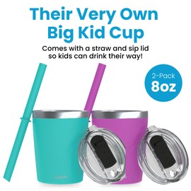 CUPKIN Cups with Lids and Straws, The Original 8 oz Stackable Stainless Steel First Sippy Cup, Set of 2 Powder Coated Insulated Kids Hot Drink Cup + BPA Free Lids + Silicone Straws (Green + Pink)